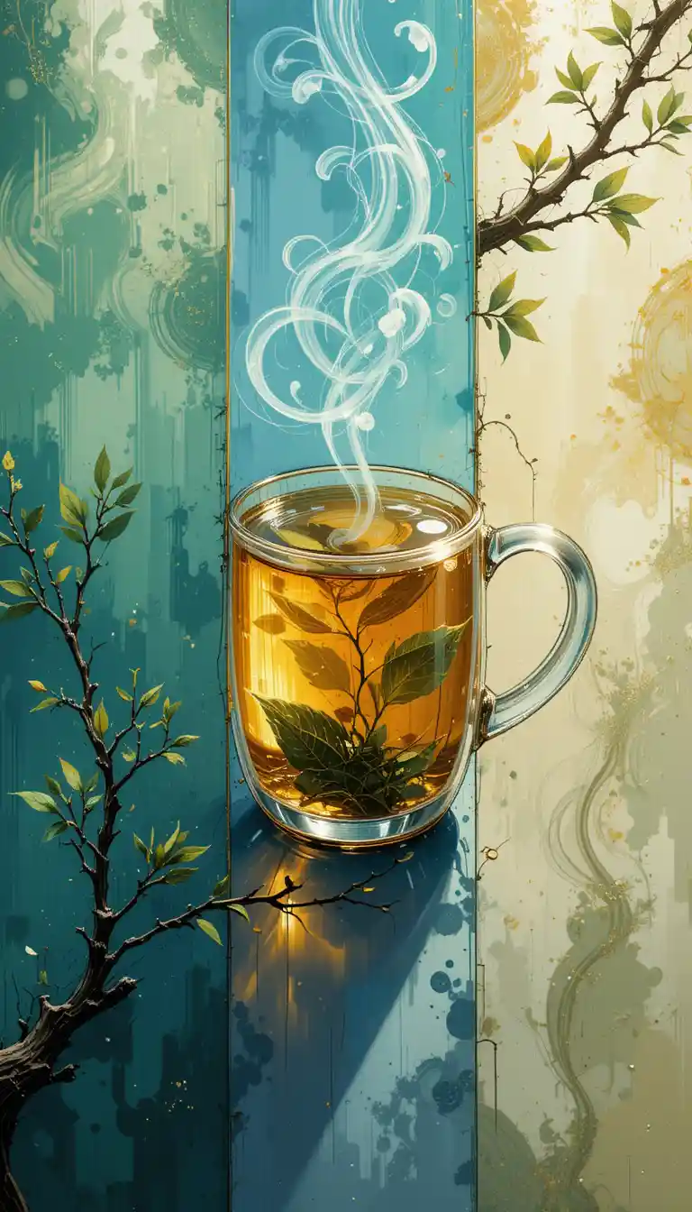 Tazza di tè in vetro stile cartone animato su pannelli verticali colorati