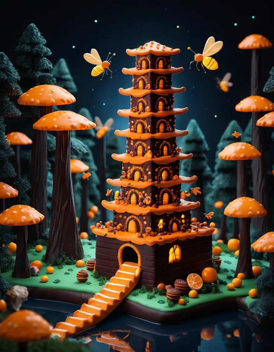 Forêt de bonbons magique de nuit avec des lucioles lumineuses