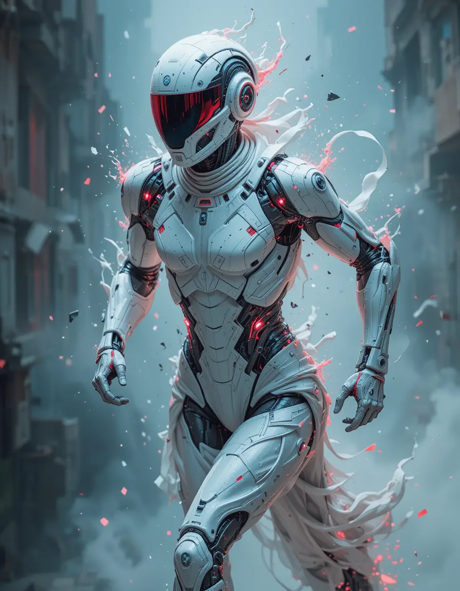 Futuristischer Cyborg läuft durch surreale neonbeleuchtete Sci-Fi-Welt