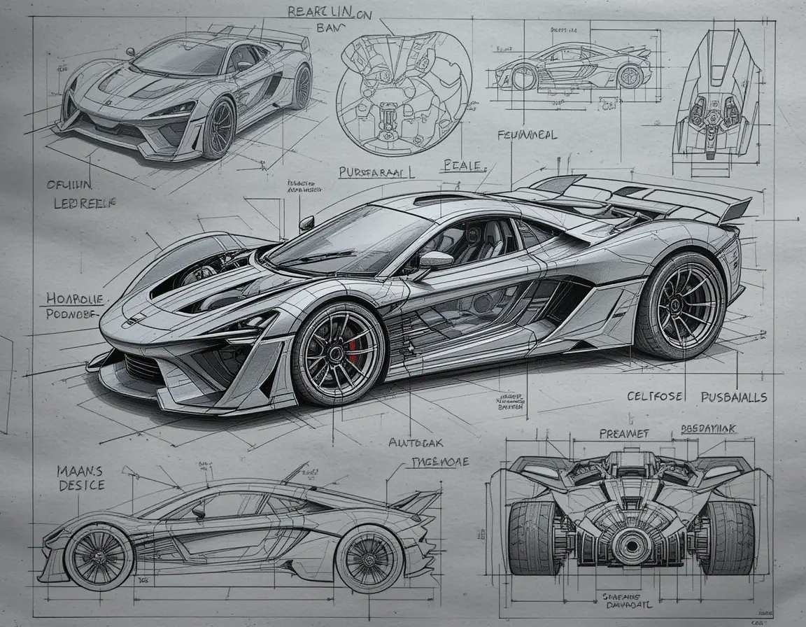 Croquis technique d'hypercar futuriste avec détails d’ingénierie