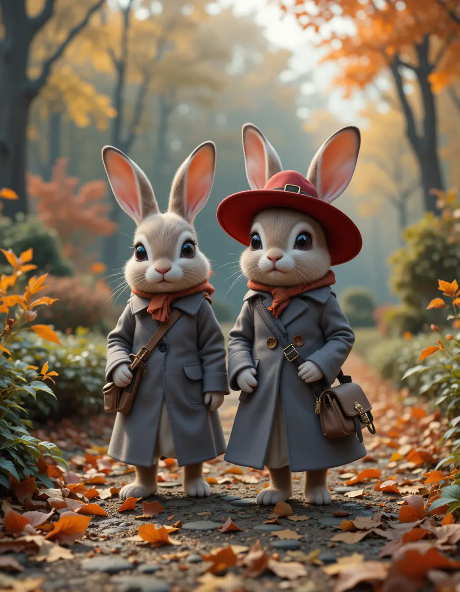 Dolci coniglietti in cappotto che passeggiano nel bosco autunnale