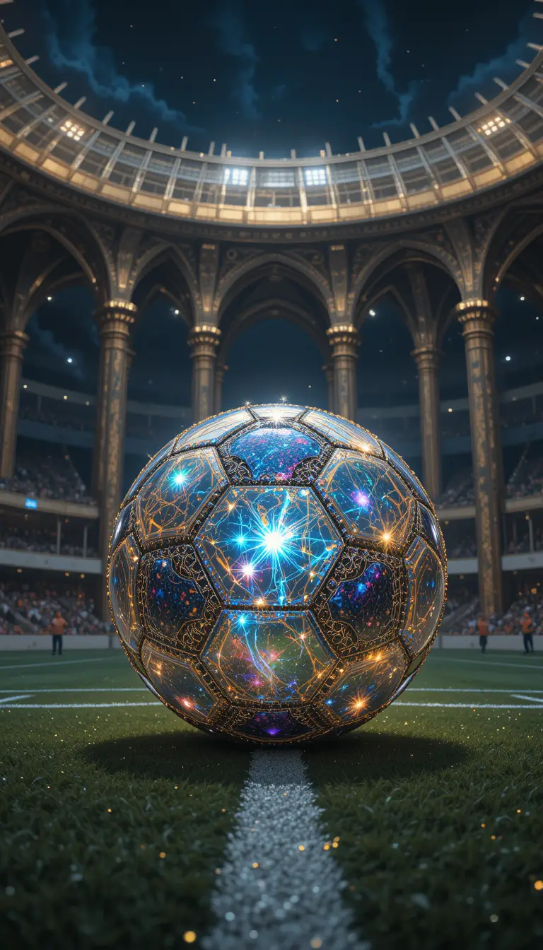 星屑のサッカーボールと無人のフィールドに差す幻想的な光