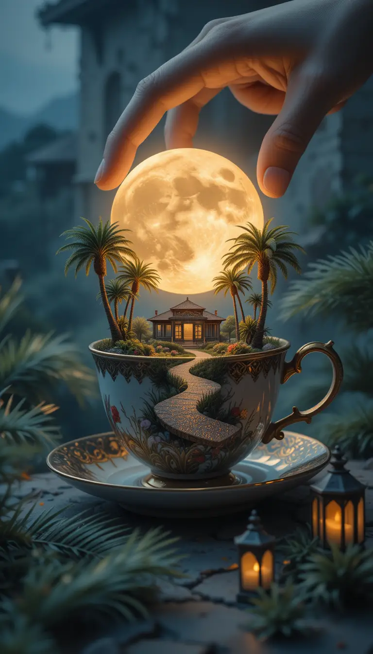 Paesaggio estivo in miniatura che brilla dentro a una tazza da tè