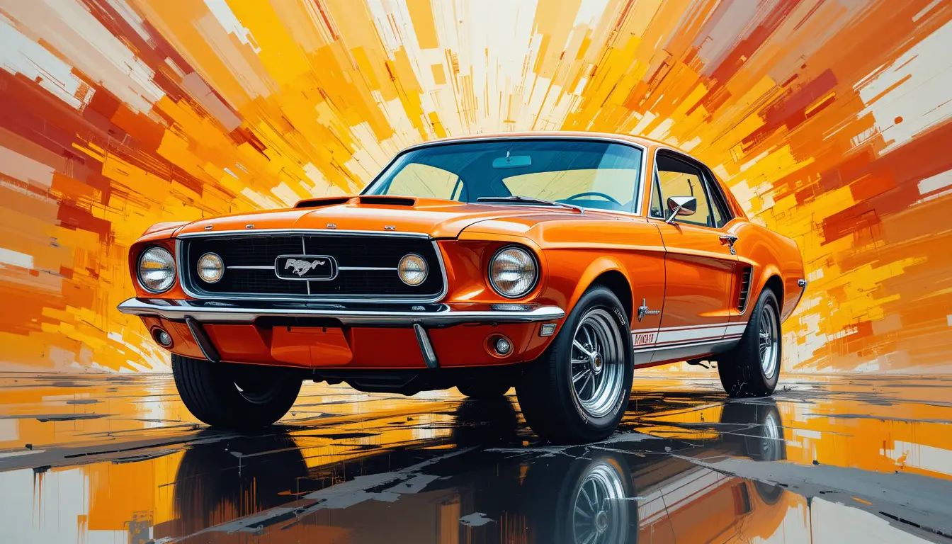 Oranger 1967er Mustang mit explosivem abstraktem Farbausbruch