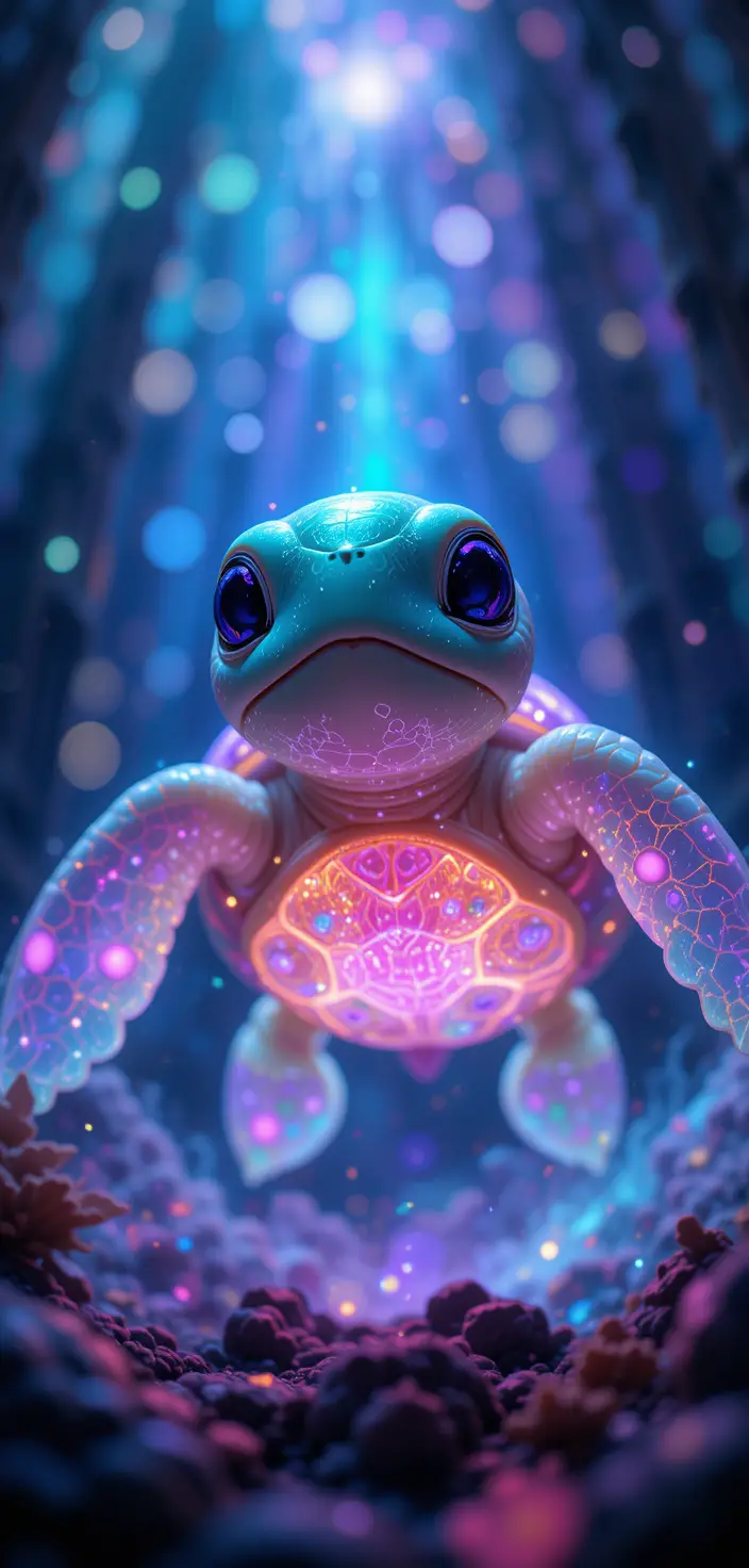 Verträumte 3D-mystische Schildkröte mit leuchtendem, transparentem Panzer