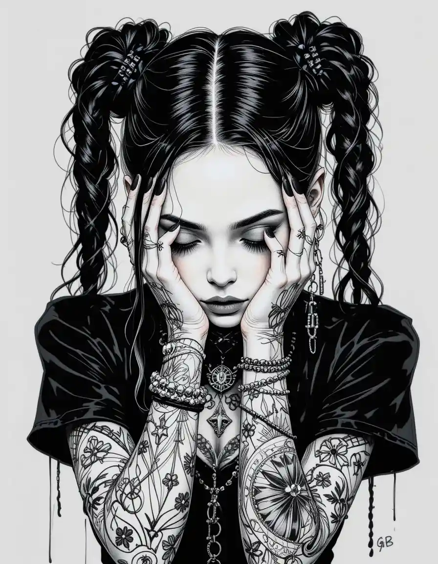Gothic-Porträt einer Frau mit Tattoos und geflochtenen Haaren