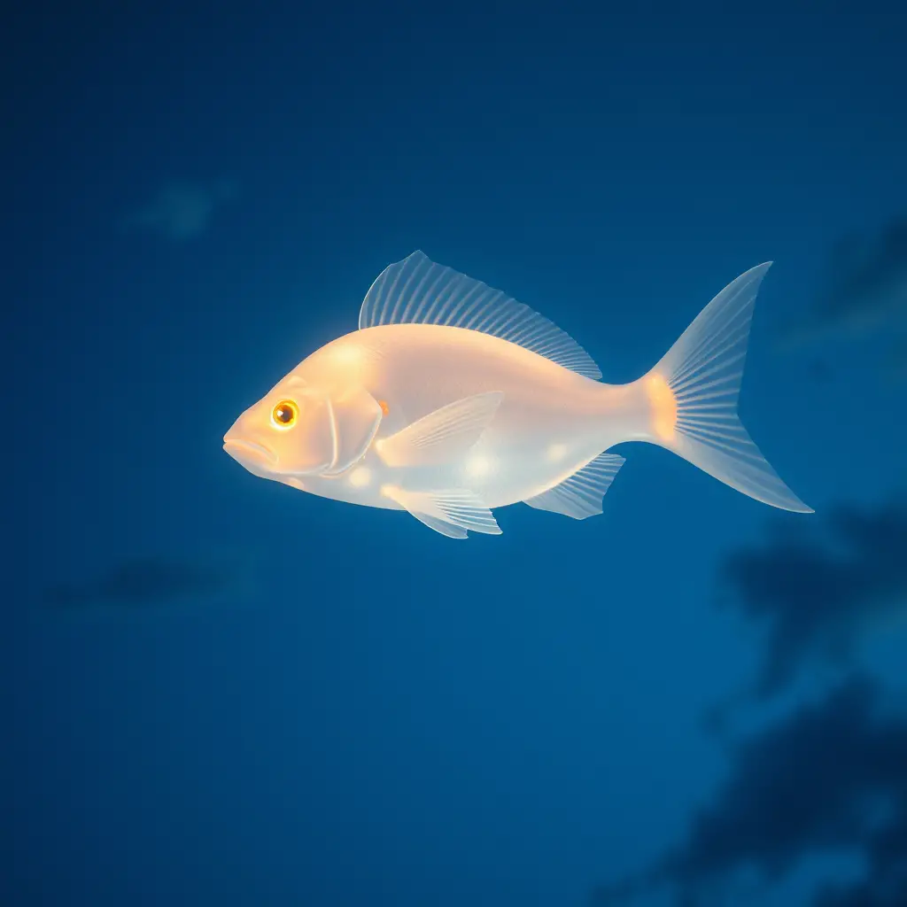 在超現實暮光天空中漂浮的發光透明魚