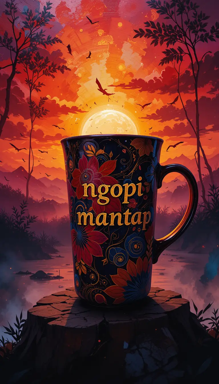 Tazza da caffè batik con testo “ngopi mantap” al tramonto