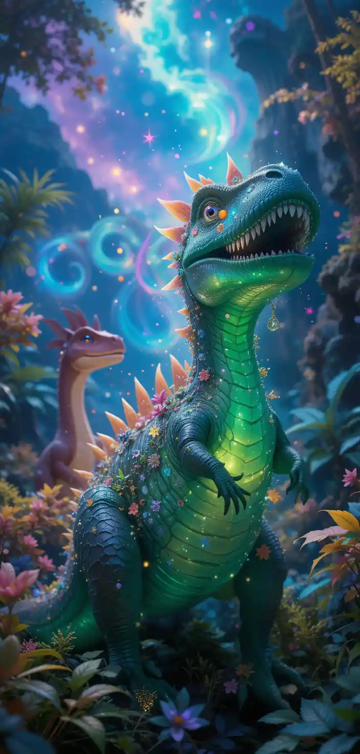Dinosauri 3D giocosi in una scena fantasy luminosa e da sogno