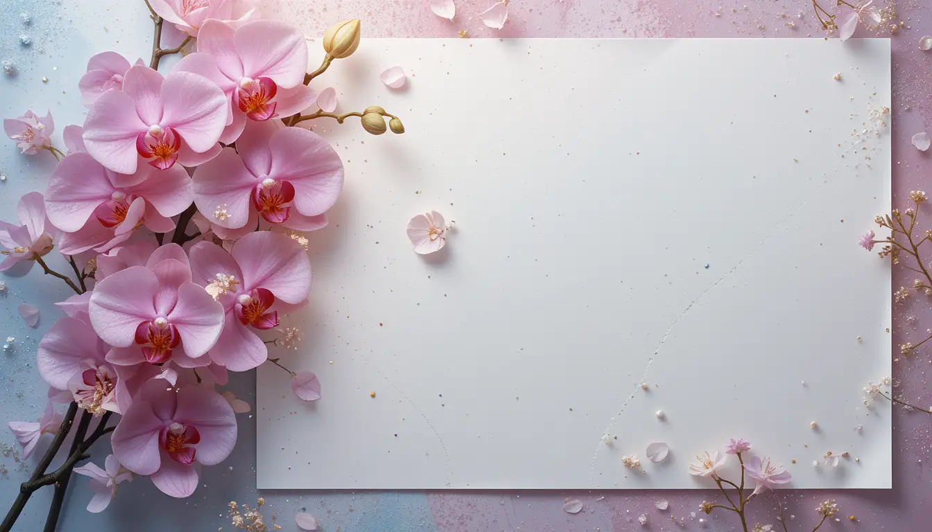 Postal elegante de orquídeas con flores y papel en blanco