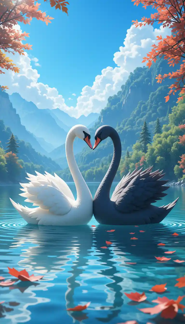 Cigni eleganti che formano un cuore su un lago di montagna