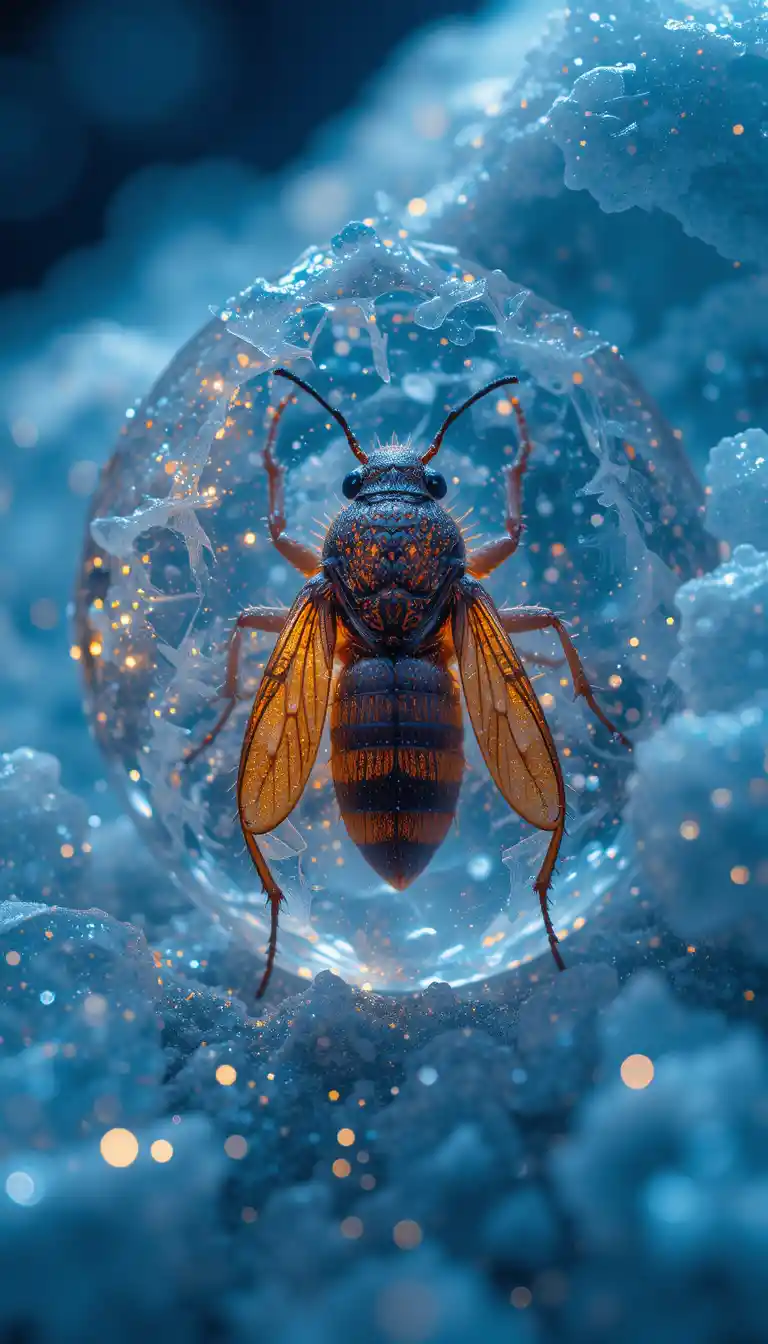 Insecte en macro piégé dans une glace transparente et lumineuse