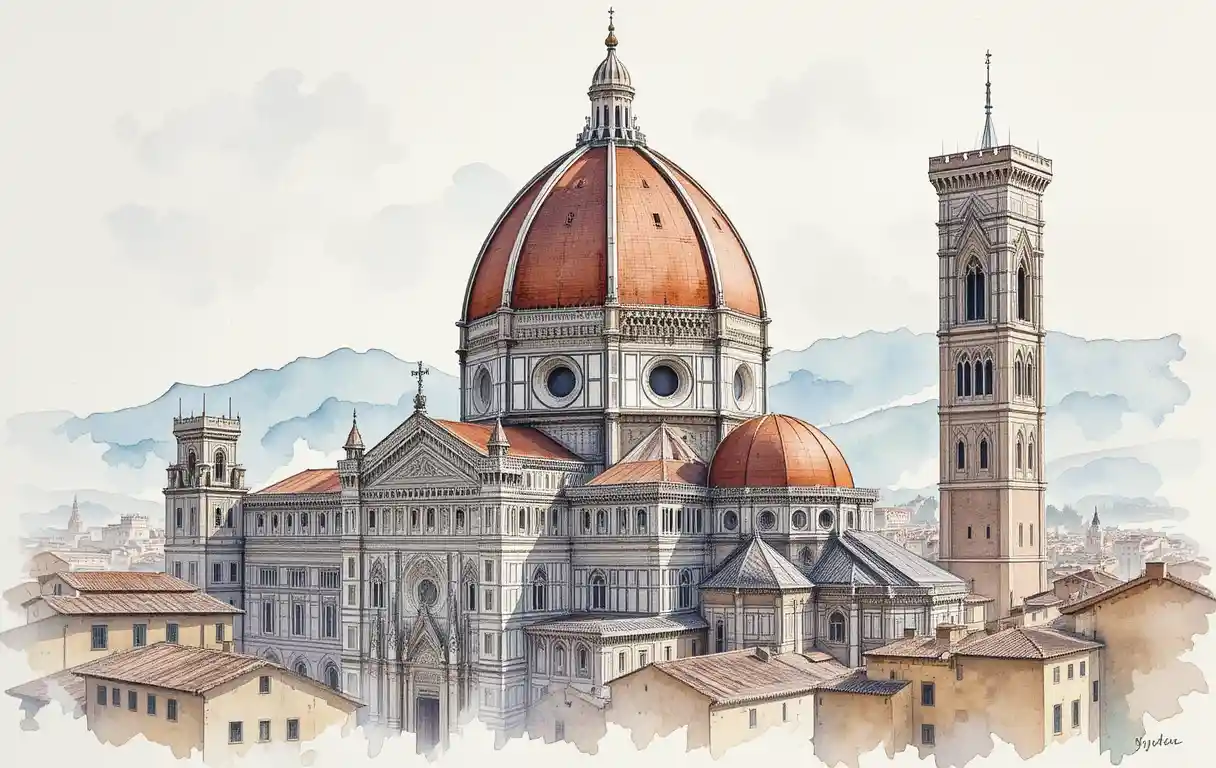 Aquarellansicht der Kathedrale von Florenz im sanften Morgenlicht