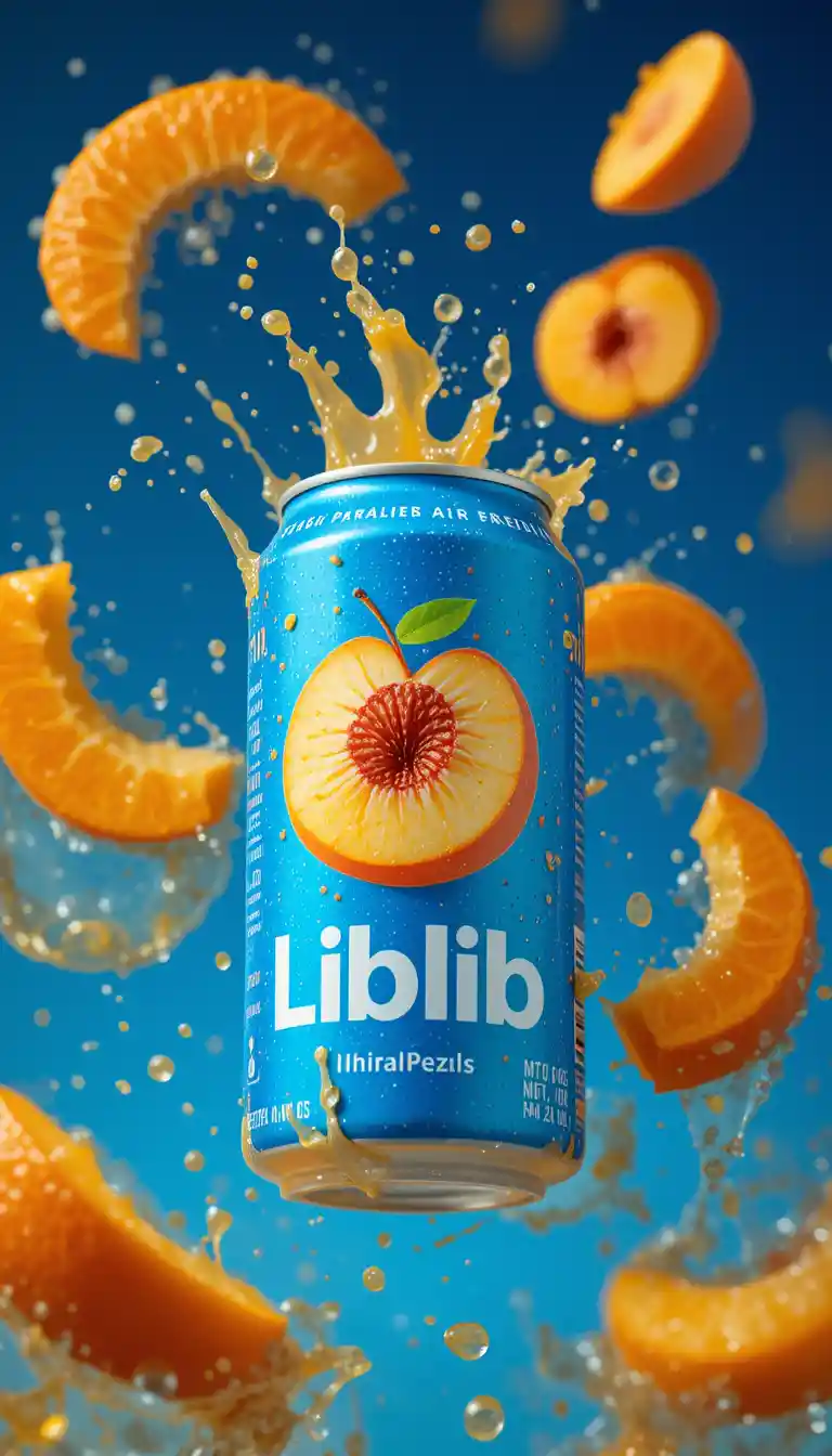 Lattina di bevanda blu con succo d’arancia e pesche che schizzano