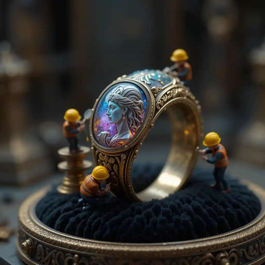 Prunkvoller historischer Ring mit kosmischem Edelstein auf Samtkissen