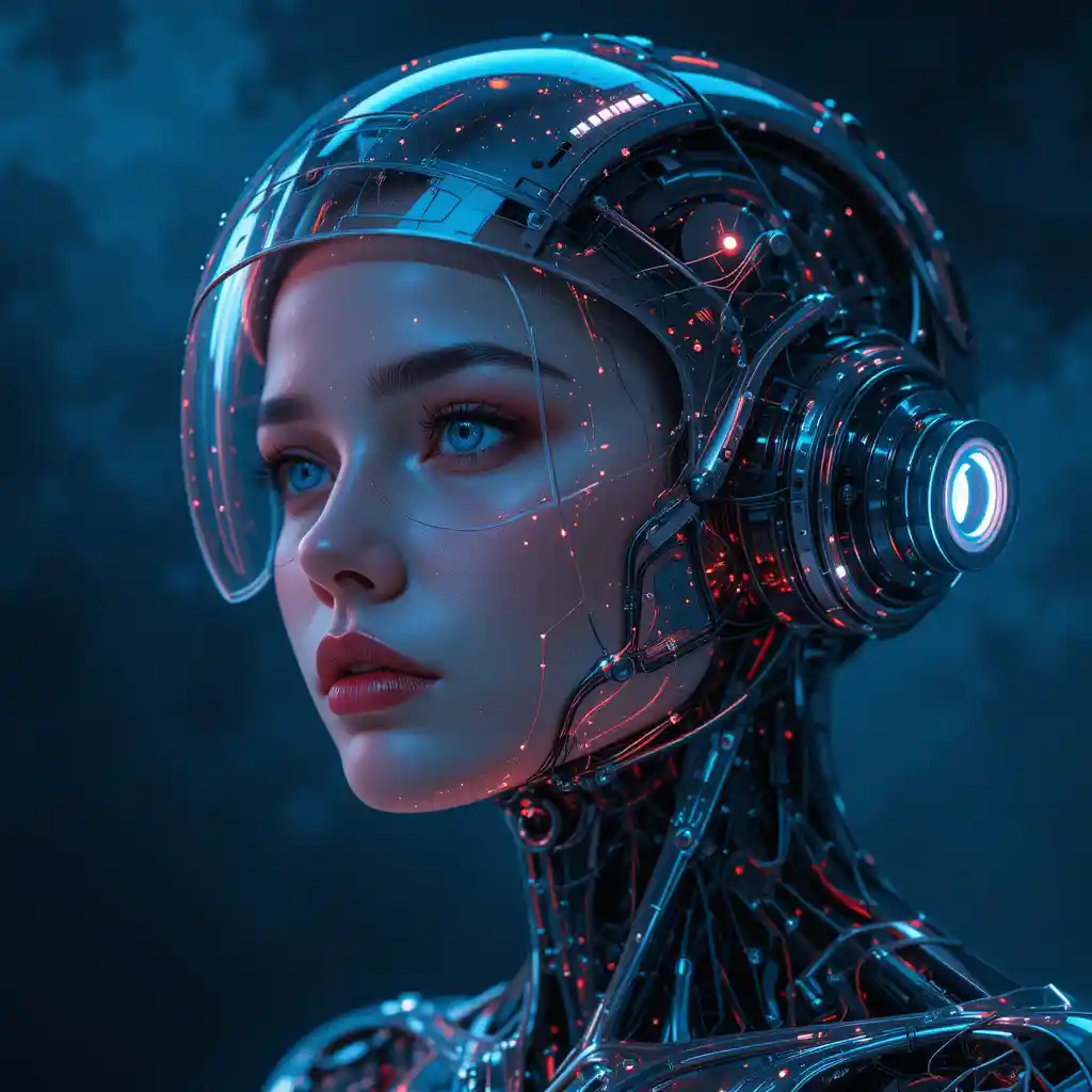 Ritratto futuristico di cyborg femminile con riflessi al neon