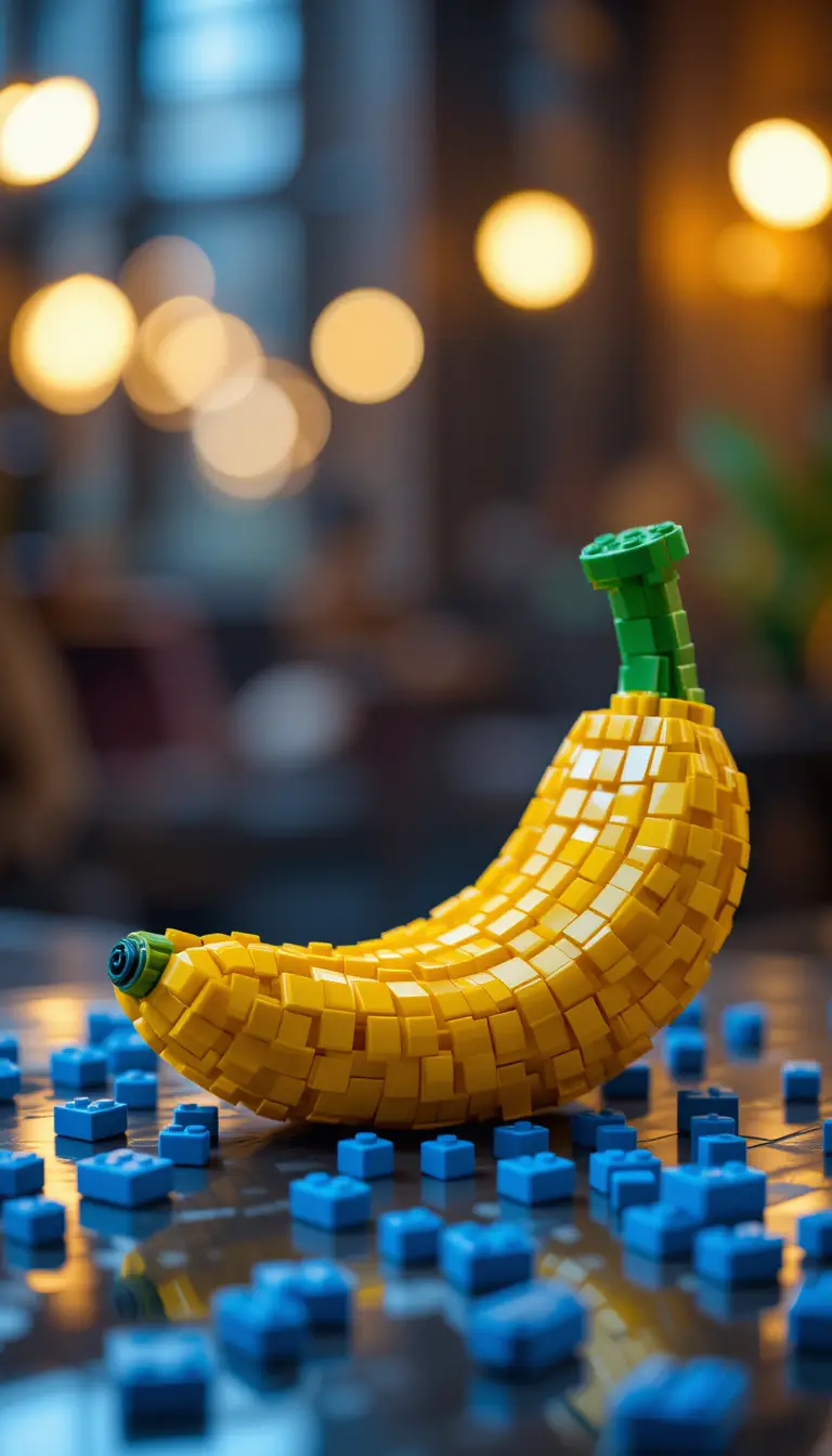 Photo macro d’une sculpture de banane en Lego sur surface réfléchissante