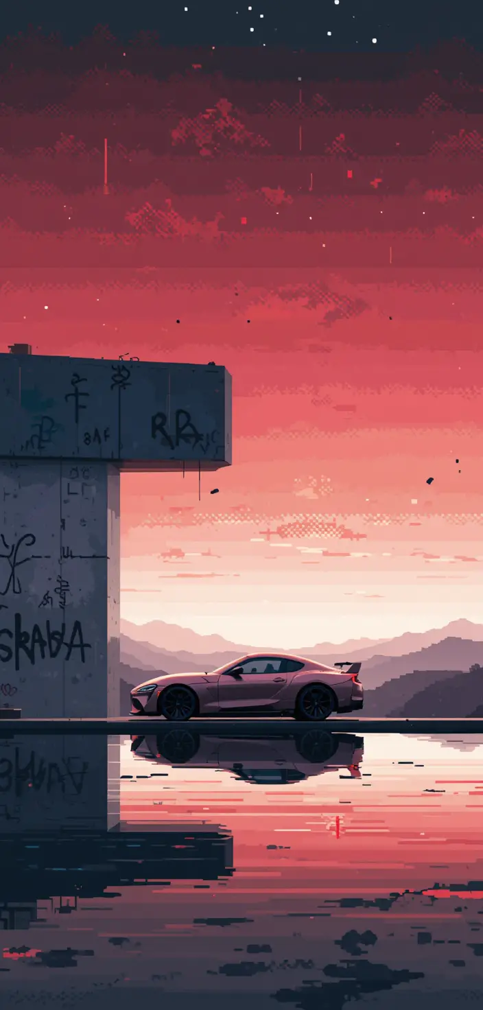 Voiture de sport en pixel art au bord d’une piscine à débordement