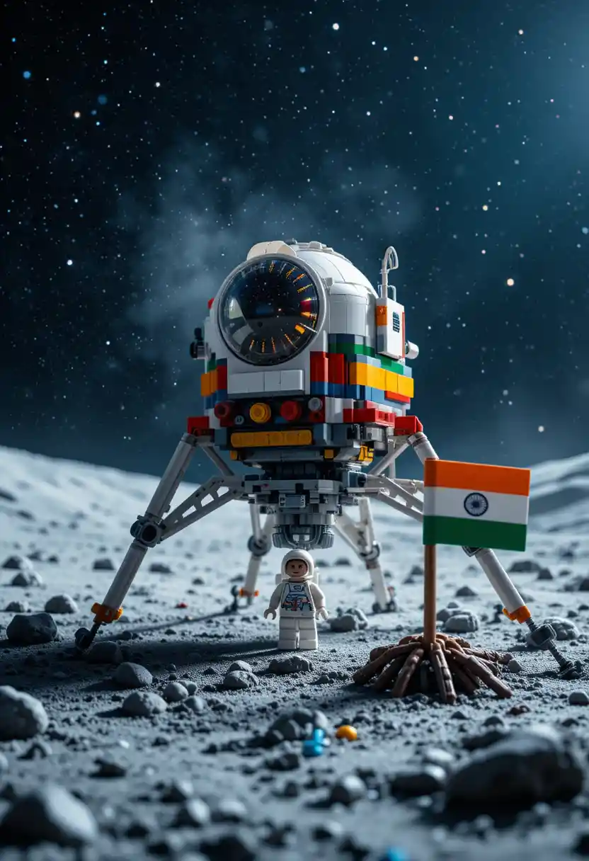 Colorida nave espacial de Lego aterrizando en la Luna junto a una bandera