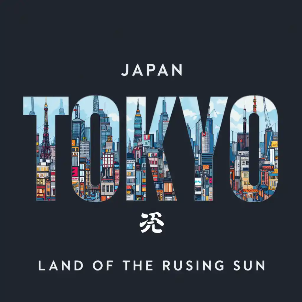 Bold tokyo typography with illustrated urban cityscape