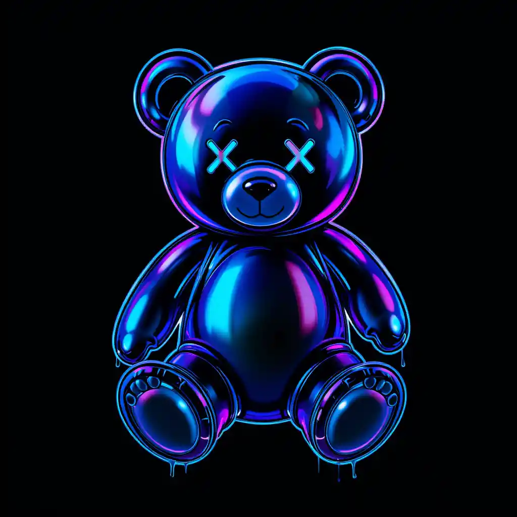 Neon outlined teddy bear with dripping surreal design