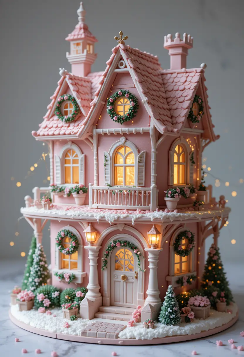 Maison Rose de Conte de Fées Fantaisiste avec Décorations de Noël