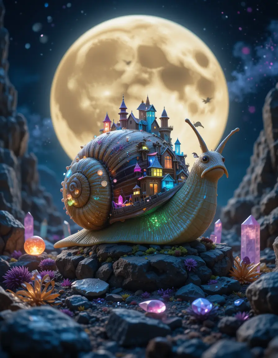 Lumaca fantasy che trasporta una città di cristallo sotto la luce lunare brillante