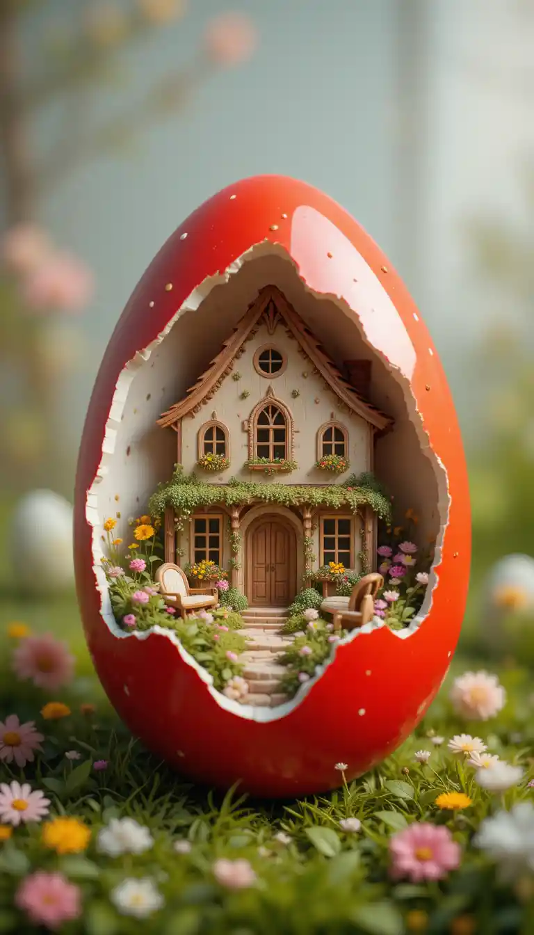 Uovo di Pasqua rosso che rivela una piccola casa all'interno