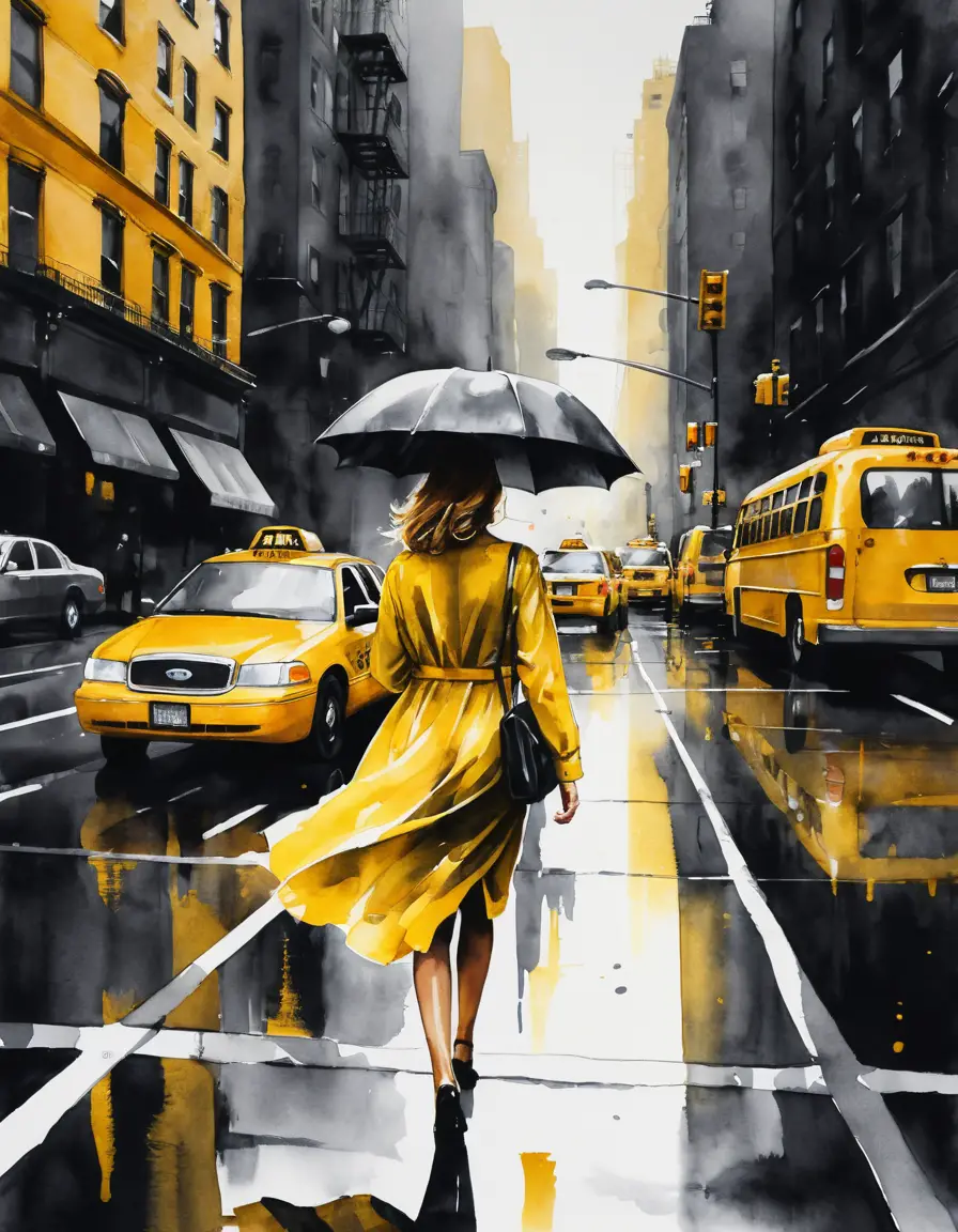Frau mit Regenschirm auf regennasser New Yorker Straße bei Sonnenuntergang