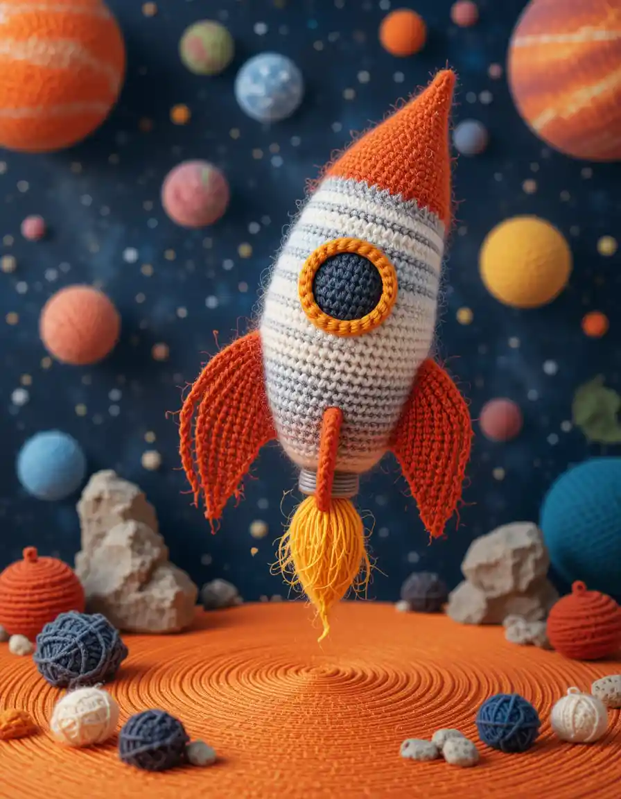 Knitted rocket flying through colorful planets in space
