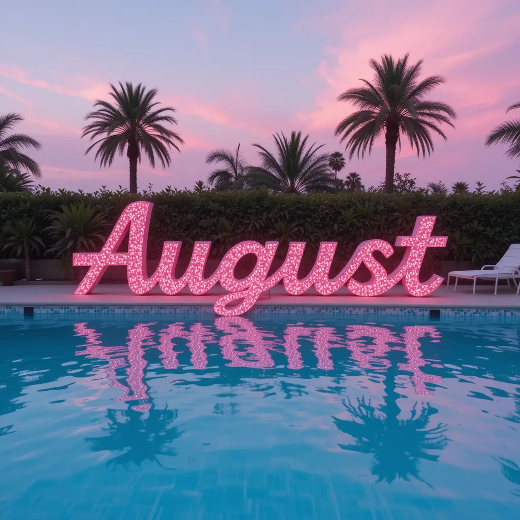 Estética de praia e piscina em rosa bebê de agosto com texto em glitter