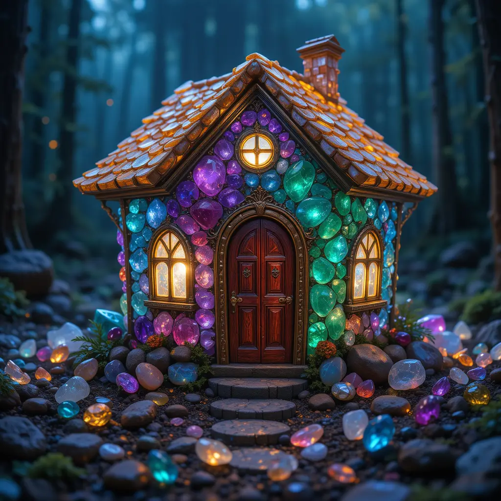 Maison Magique en Pierres Précieuses dans une Clairière de Forêt Mystique