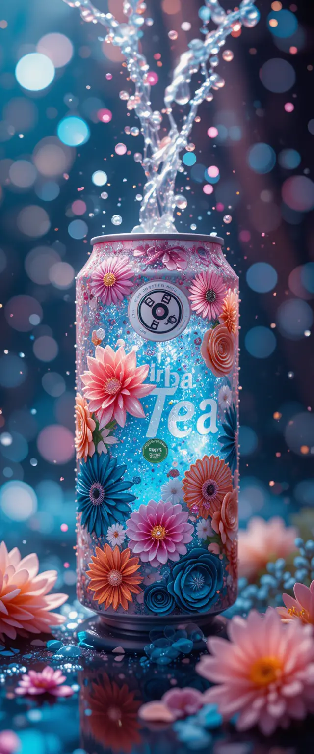 Lattina di soda luminosa con acqua frizzante e dettagli floreali