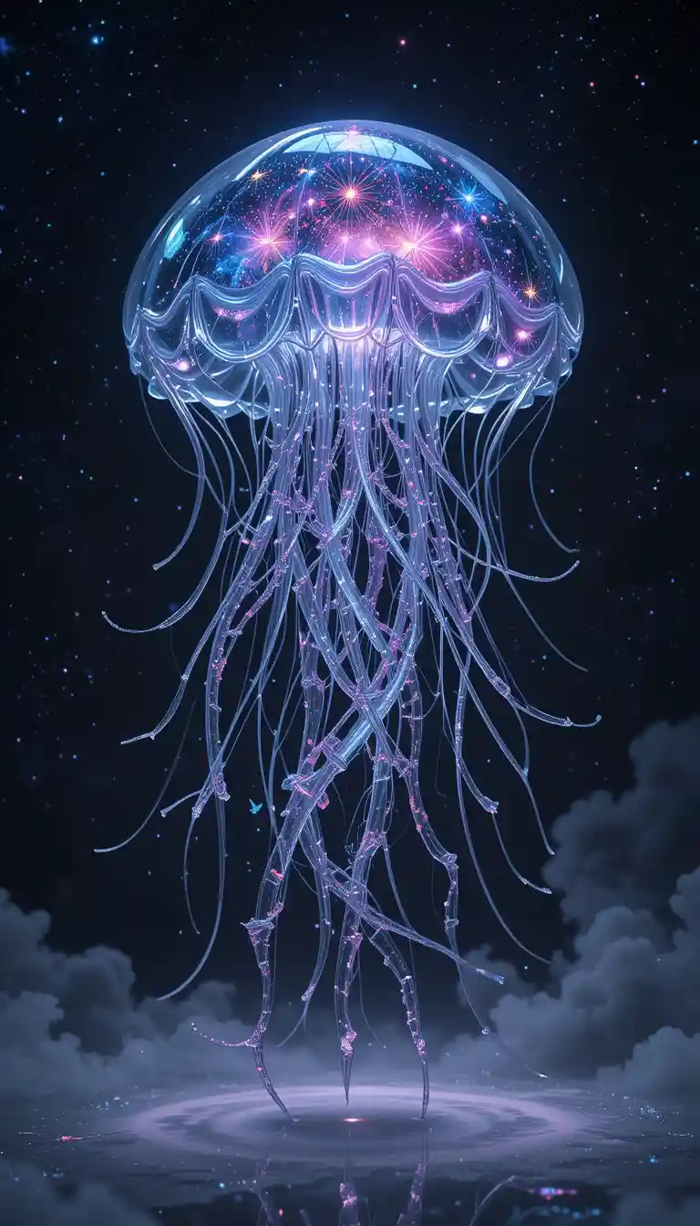 Galassia di medusa di vetro che fluttua nello spazio pieno di stelle