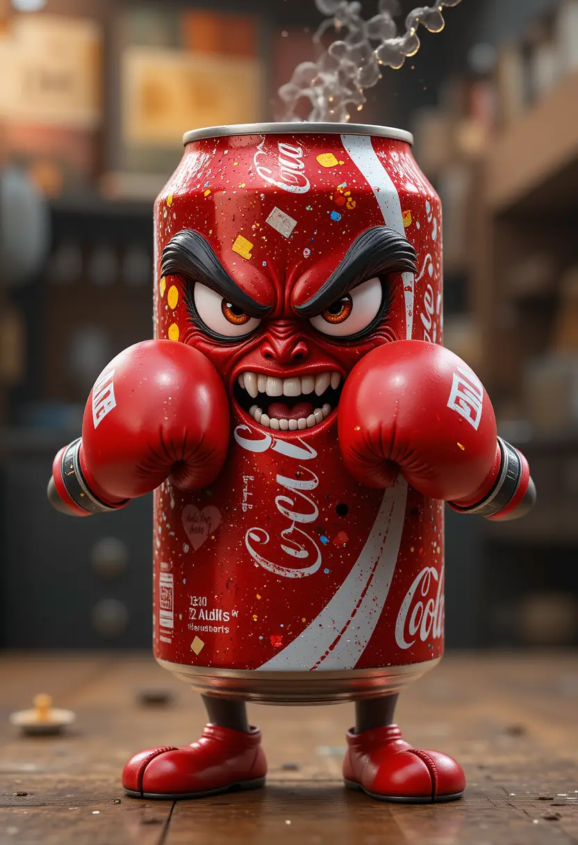 Personaggio cartone animato di lattina di soda pugile con espressione feroce