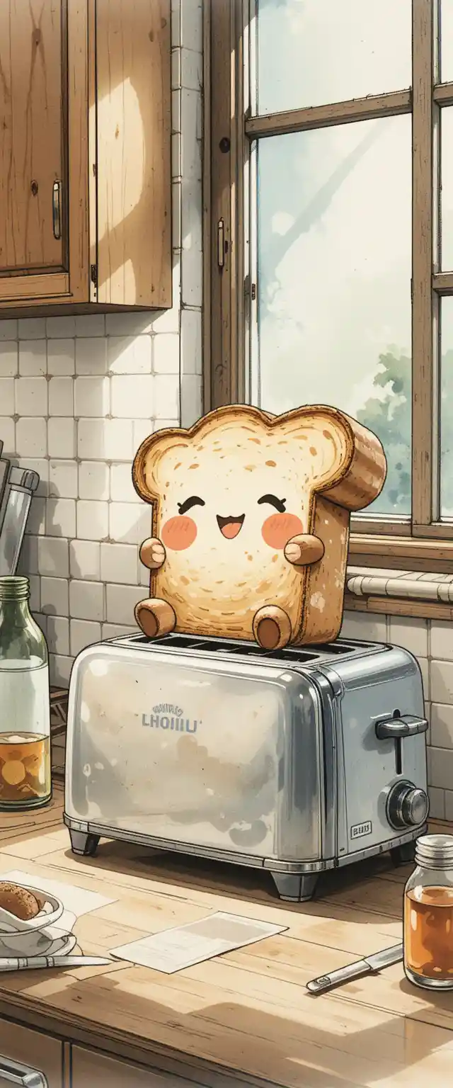 Süßes anthropomorphes Brot, das auf einem Toaster entspannt