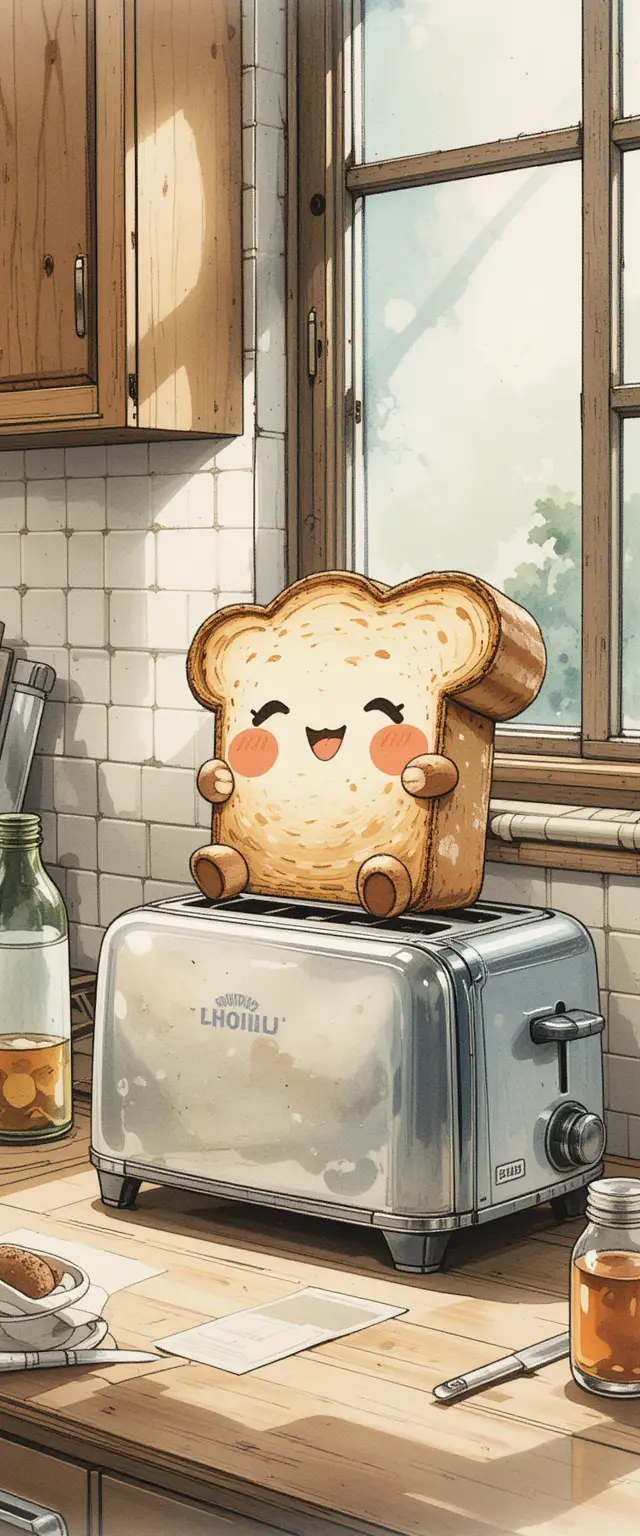 Süßes anthropomorphes Brot, das auf einem Toaster entspannt