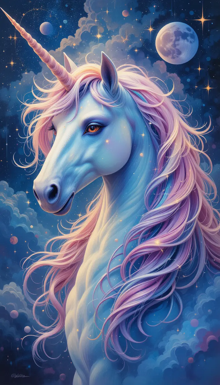 Ritratto di un maestoso unicorno sotto un cielo notturno cosmico e magico