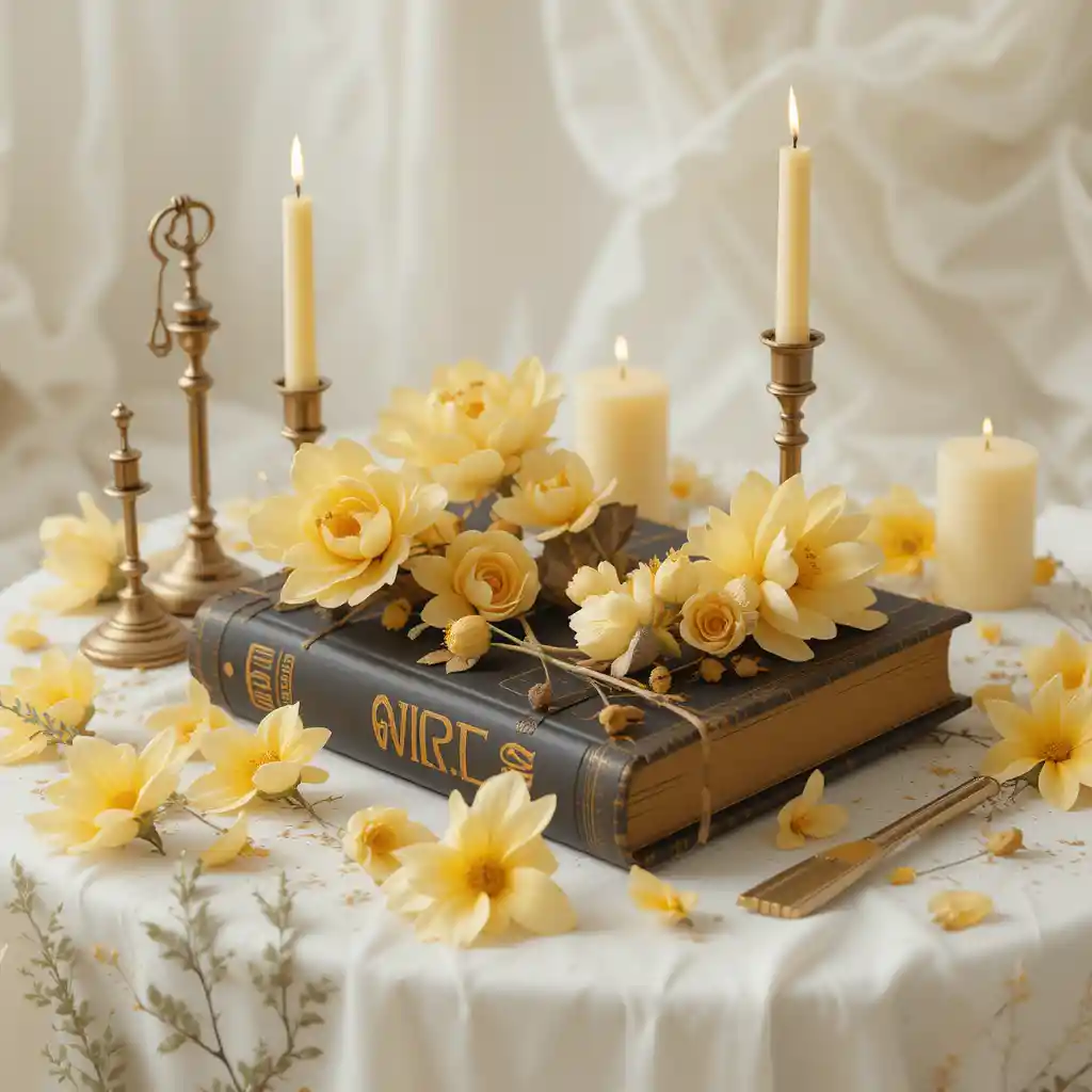 Libro su un tavolo con fiori gialli, candele e armi