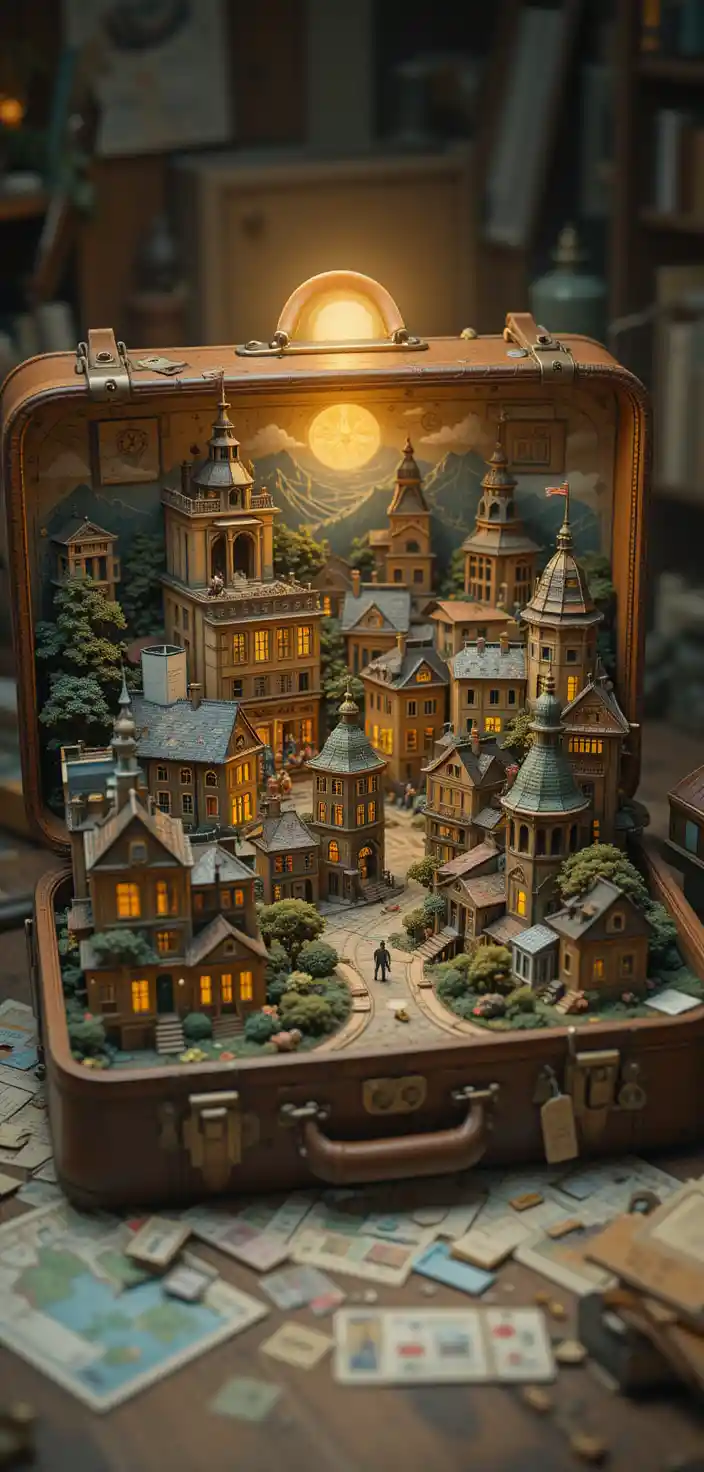 Verspielte Miniatur-Dschungelstadt in einem Vintage-Reisekoffer