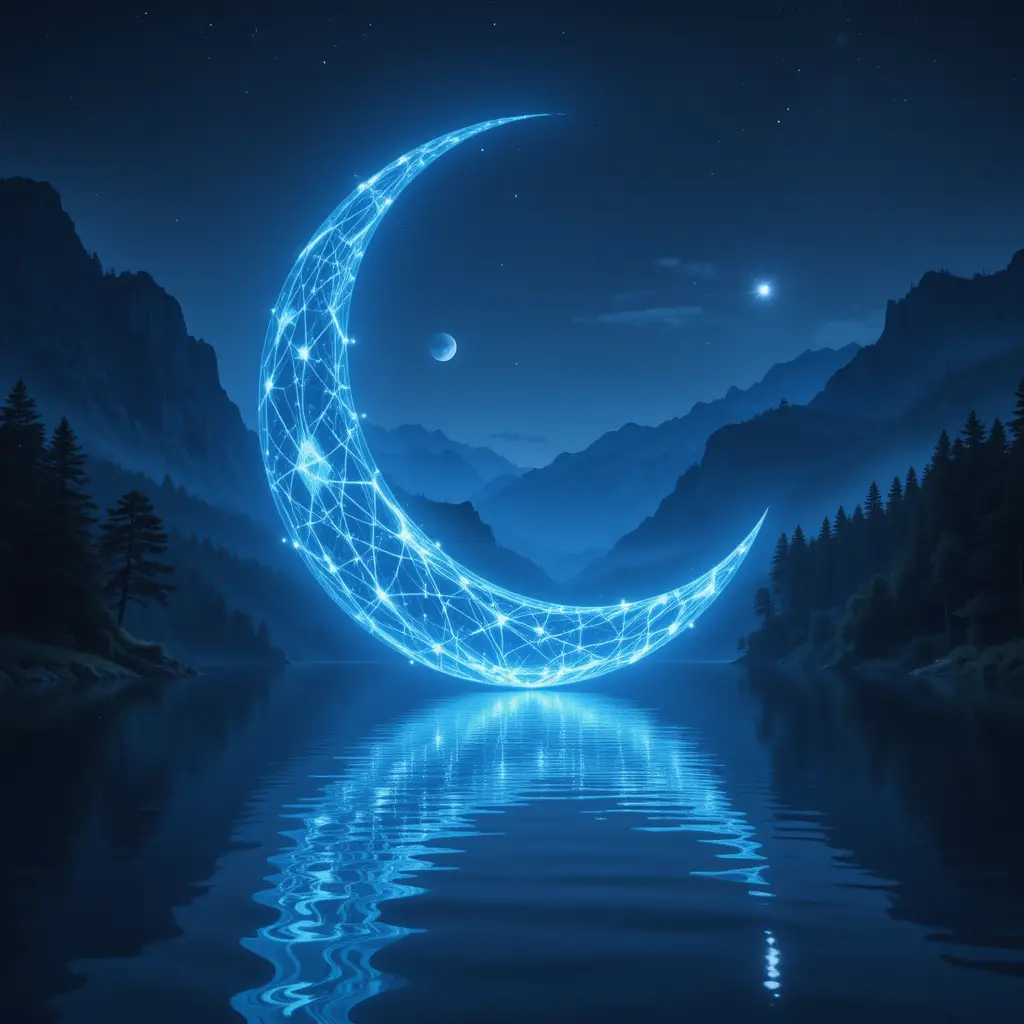 寧靜夜湖上方的水晶新月