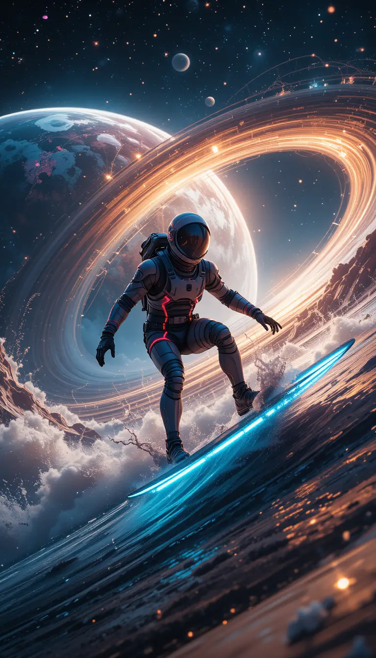 宇航員在遙遠的氣態巨行星上衝浪於發光波濤