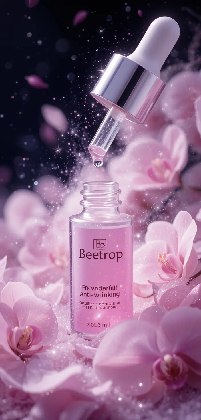Magical anti wrinkle serum dropper with floating orchid petals