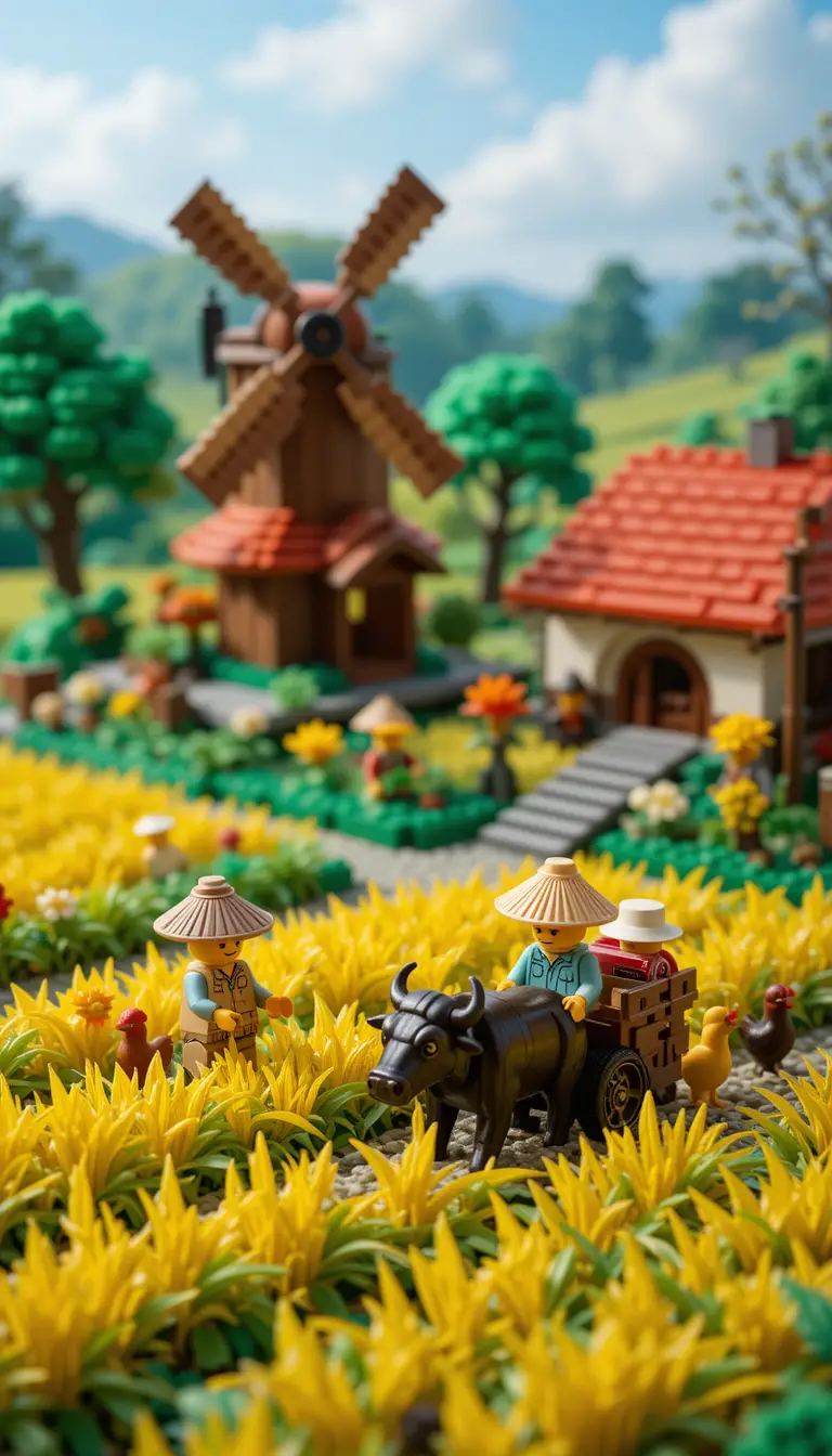 Fazenda rural de Lego com fazendeiros e animais