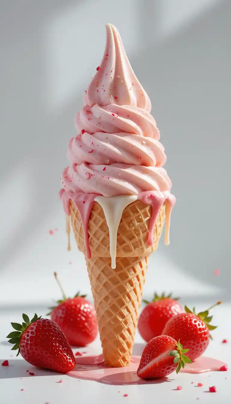 Gelato italiano vaniglia e fragola in cono wafer in primo piano