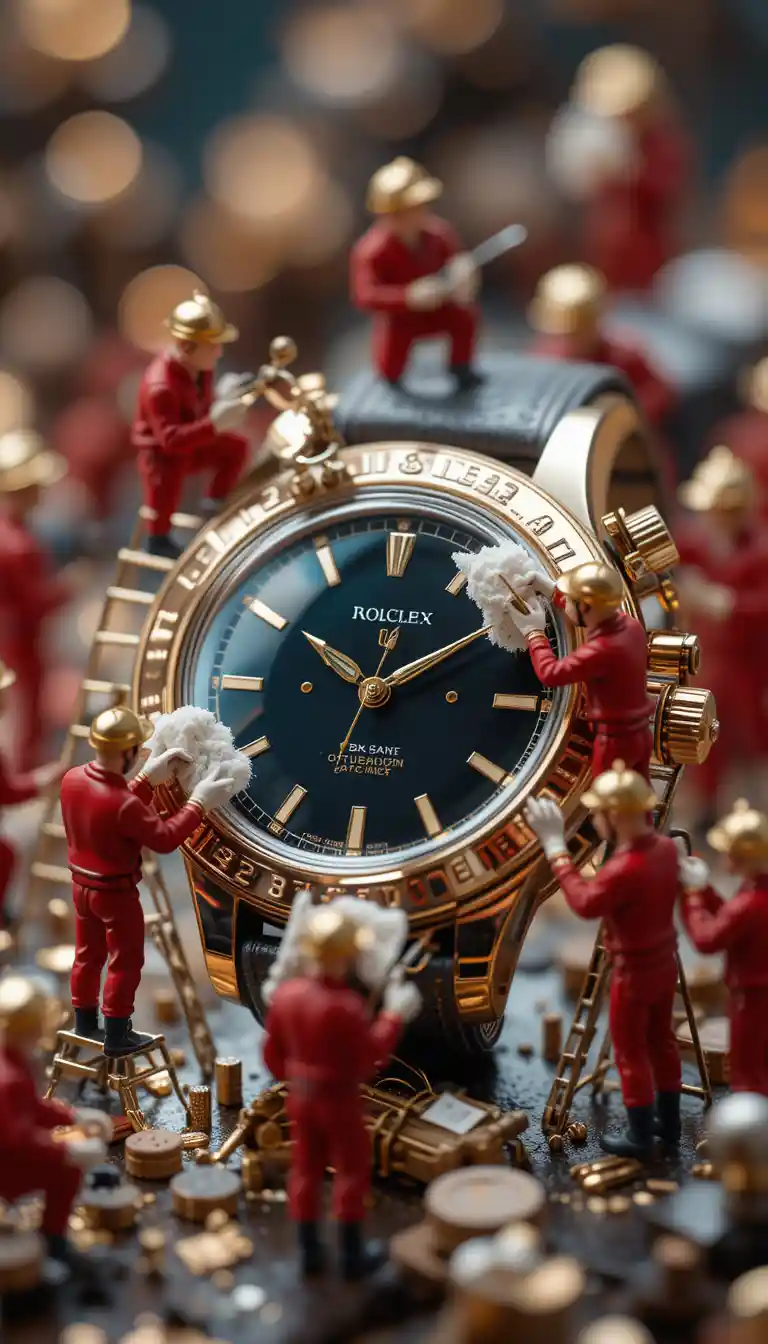 Winzige Arbeiter reinigen eine luxuriöse Armbanduhr in Makroansicht