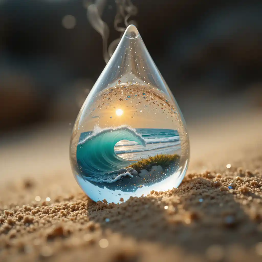 Close up water drop revealing a tiny beach world