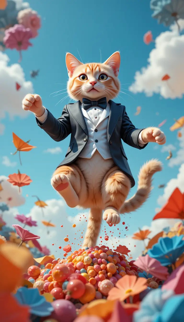 Elegant 3d cat skydiving with colorful parachute