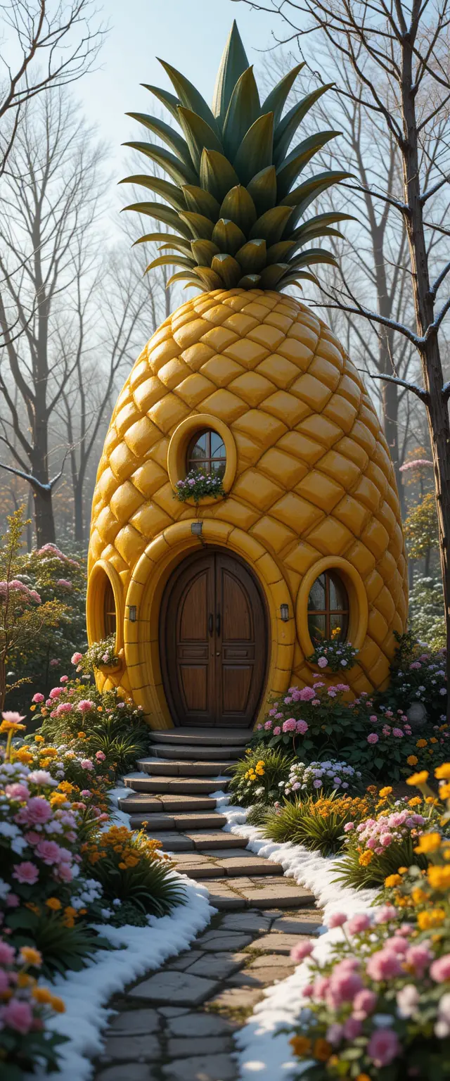 Maison fantastique en forme d’ananas dans un paisible jardin de fées