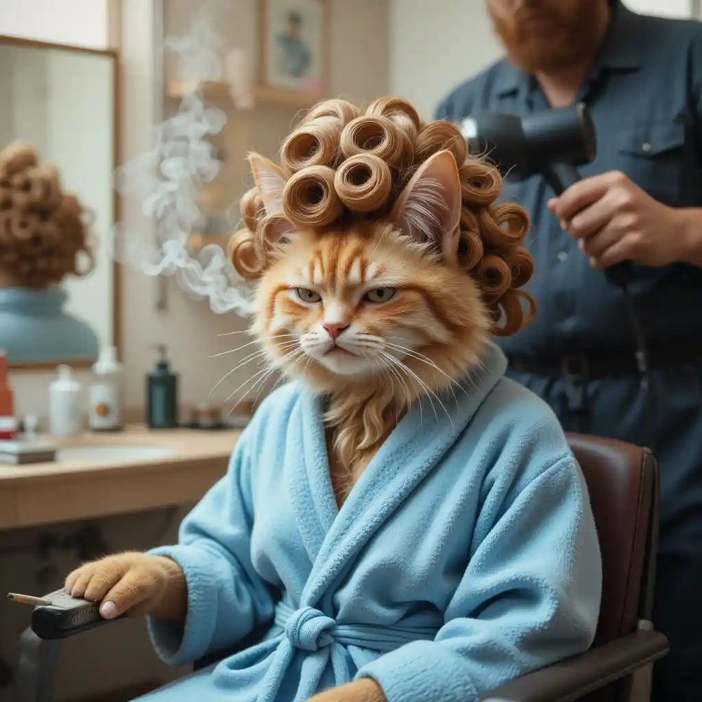 Wütende Katze im blauen Bademantel rauchend im Salonstuhl